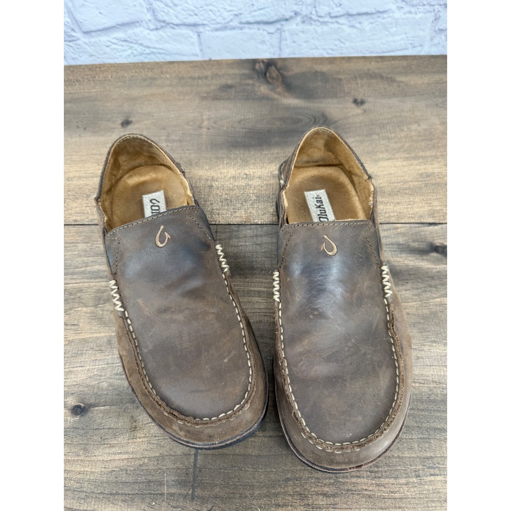 Olukai Moloa Slip On Loafers Brown Leather Comfort Casual Shoes Men's 8.5 - Picture 2 of 9